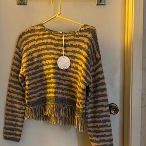 Storia Gray and beige Striped Sweater with Fringe